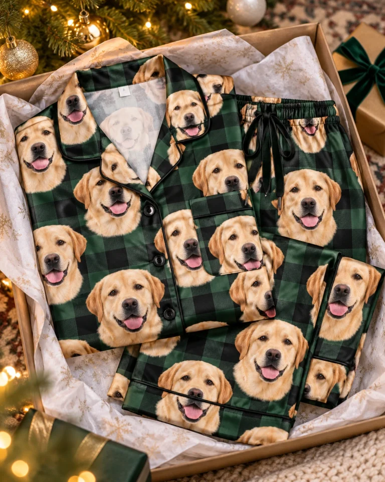 Flat lay of womens labrador Christmas pajamas: shirt and pants covered in yellow Labrador Retriever faces — MyDogPics
