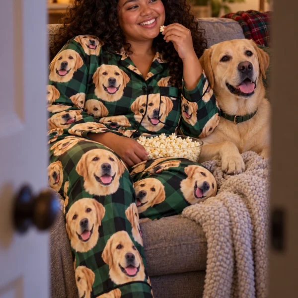 Woman in womens labrador Christmas pajamas with her Labrador Retriever — MyDogPics