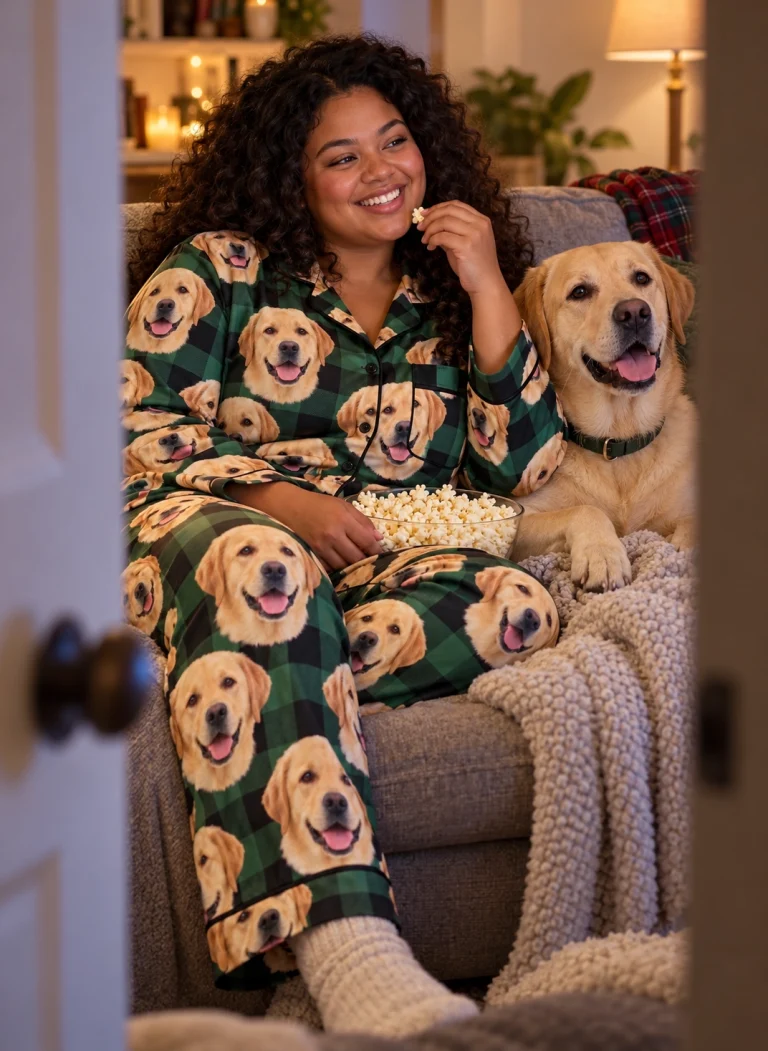 Woman in womens labrador Christmas pajamas with her Labrador Retriever — MyDogPics