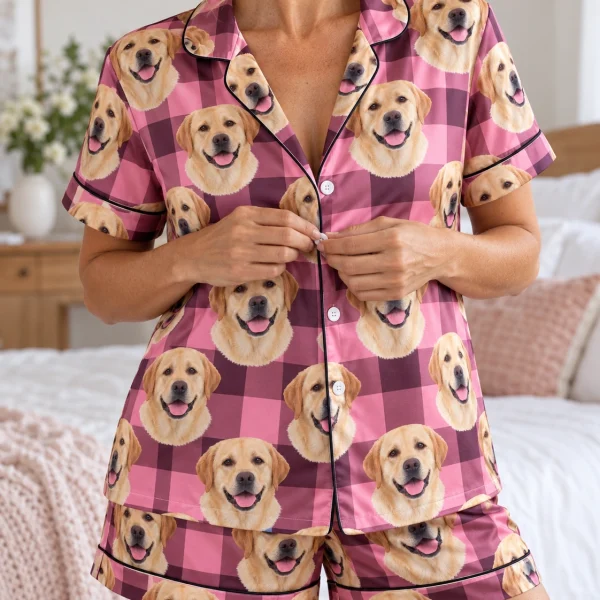 Close-up of the womens labrador short sleeve pajamas print: yellow Labrador Retriever faces on pink plaid satin — MyDogPics