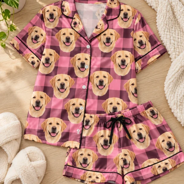 Flat lay of womens labrador short sleeve pajamas: shirt and shorts covered in yellow Labrador Retriever faces — MyDogPics