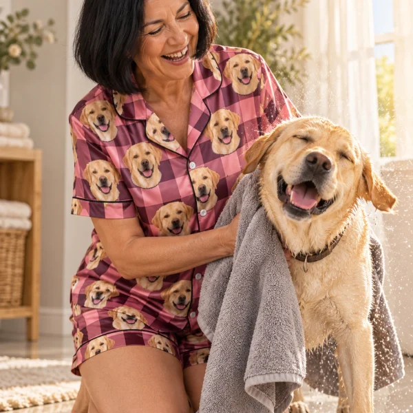 Woman in womens labrador short sleeve pajamas with her Labrador Retriever — MyDogPics