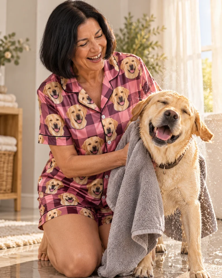 Woman in womens labrador short sleeve pajamas with her Labrador Retriever — MyDogPics
