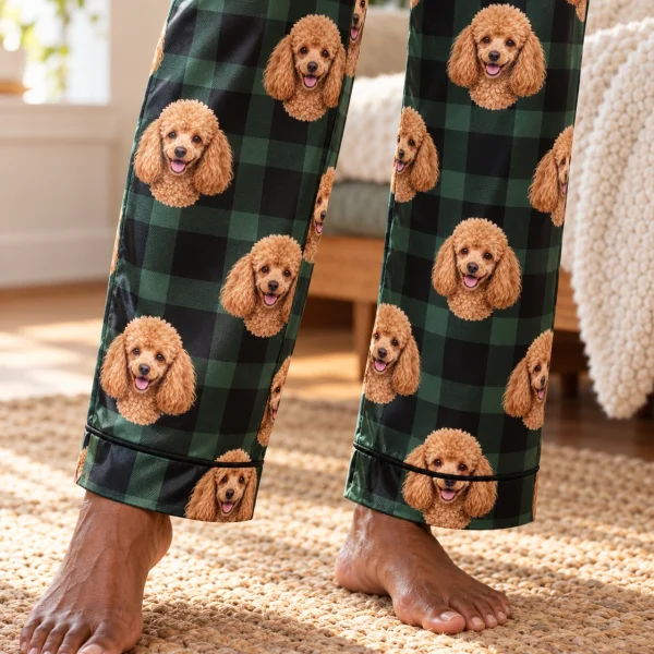 Close-up of the womens poodle Christmas pajamas print: apricot Poodle faces on green plaid satin — MyDogPics