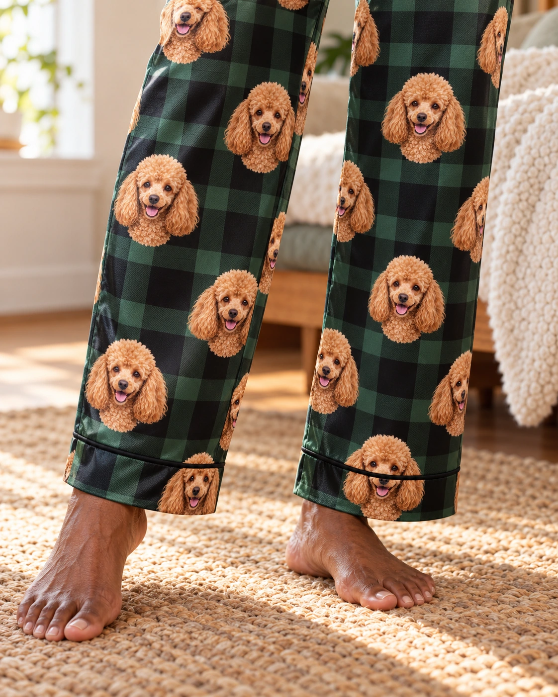Women’s Poodle Christmas Pajamas – Print Close-Up, Green Plaid | MyDogPics Close-up of the womens poodle Christmas pajamas print: apricot Poodle faces on green plaid satin — MyDogPics
