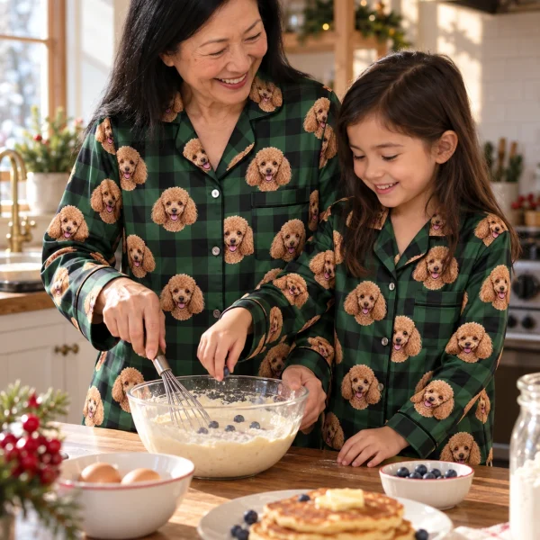 Woman and her daughter in matching womens poodle Christmas pajamas with apricot Poodle faces on green plaid satin — MyDogPics