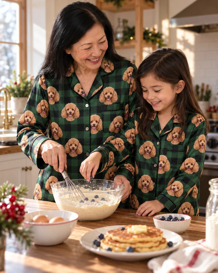 Woman and her daughter in matching womens poodle Christmas pajamas with apricot Poodle faces on green plaid satin — MyDogPics