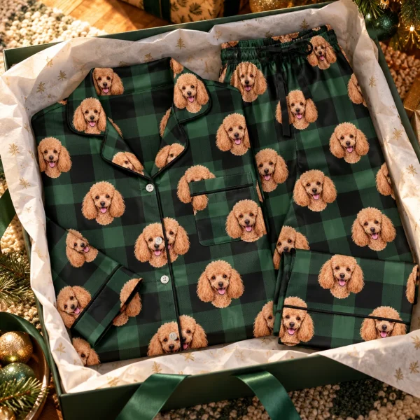 Flat lay of womens poodle Christmas pajamas: shirt and pants covered in apricot Poodle faces — MyDogPics