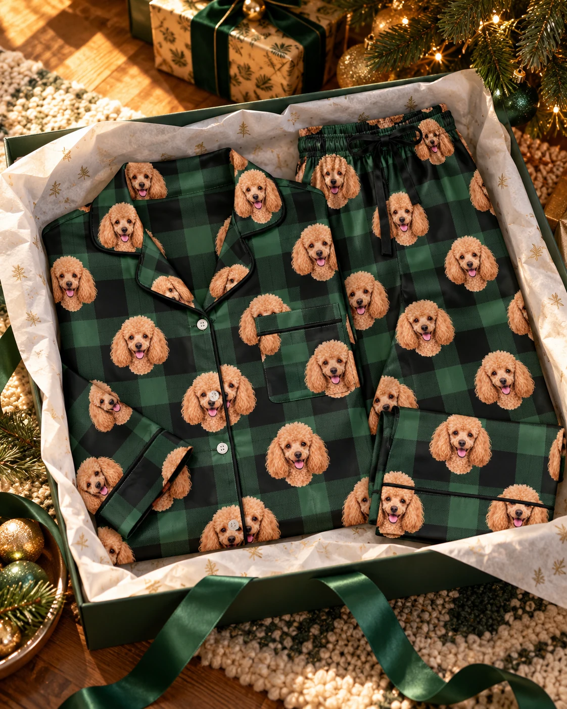 Women’s Poodle Christmas Pajamas – Flat Lay, Green Plaid | MyDogPics Flat lay of womens poodle Christmas pajamas: shirt and pants covered in apricot Poodle faces — MyDogPics