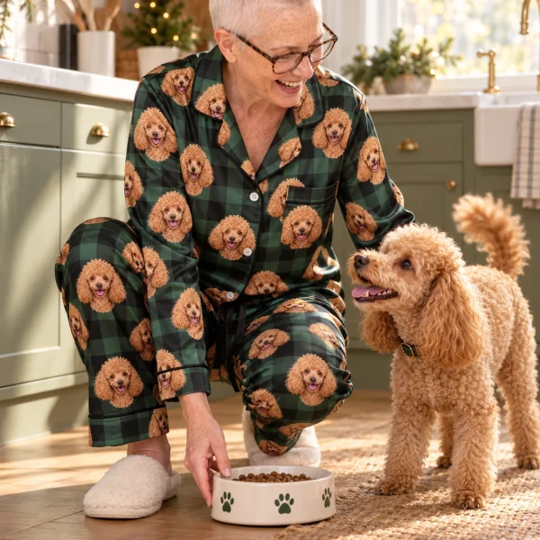 Woman in womens poodle Christmas pajamas with her Poodle — MyDogPics