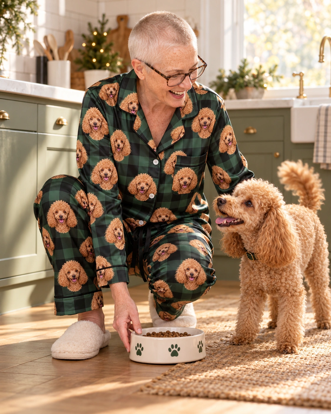Women’s Poodle Christmas Pajamas – With Dog, Green Plaid | MyDogPics Woman in womens poodle Christmas pajamas with her Poodle — MyDogPics