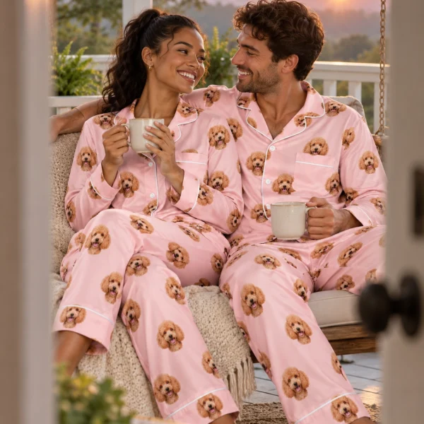 Woman and her partner in matching womens poodle pajamas with apricot Poodle faces on blush pink satin — MyDogPics