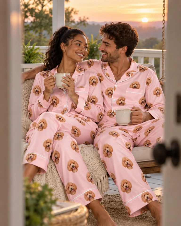 Woman and her partner in matching womens poodle pajamas with apricot Poodle faces on blush pink satin — MyDogPics