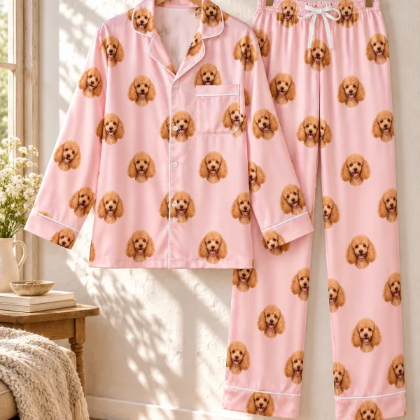 Womens poodle pajamas shirt and pants hanging up, covered in apricot Poodle faces — MyDogPics