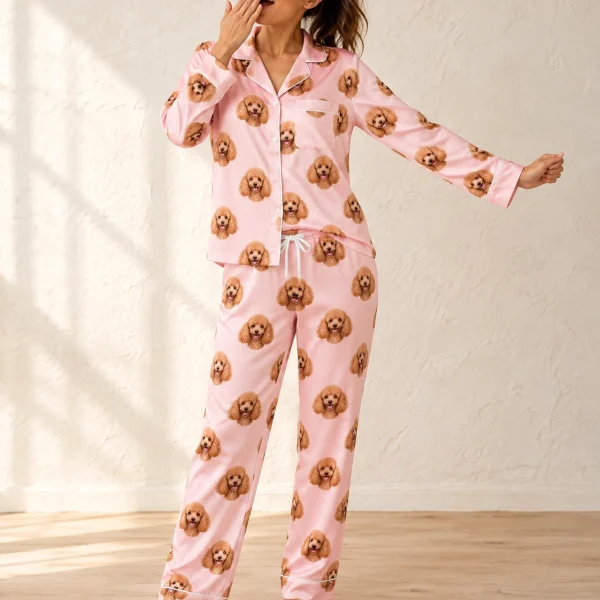 Woman posing in womens poodle pajamas, apricot Poodle faces on blush pink satin — MyDogPics
