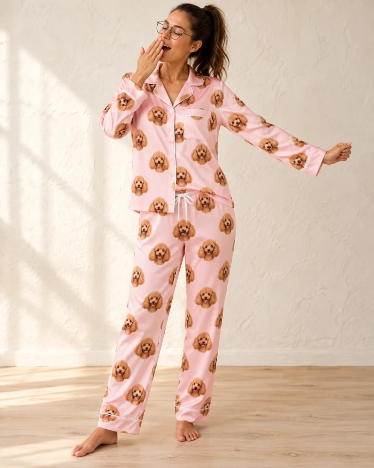 Woman posing in womens poodle pajamas, apricot Poodle faces on blush pink satin — MyDogPics
