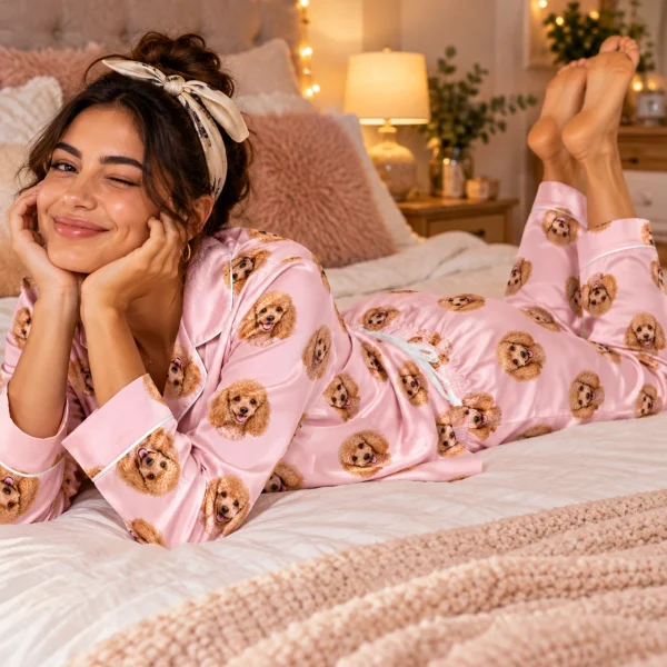 Woman sitting in womens poodle pajamas covered in apricot Poodle faces — MyDogPics