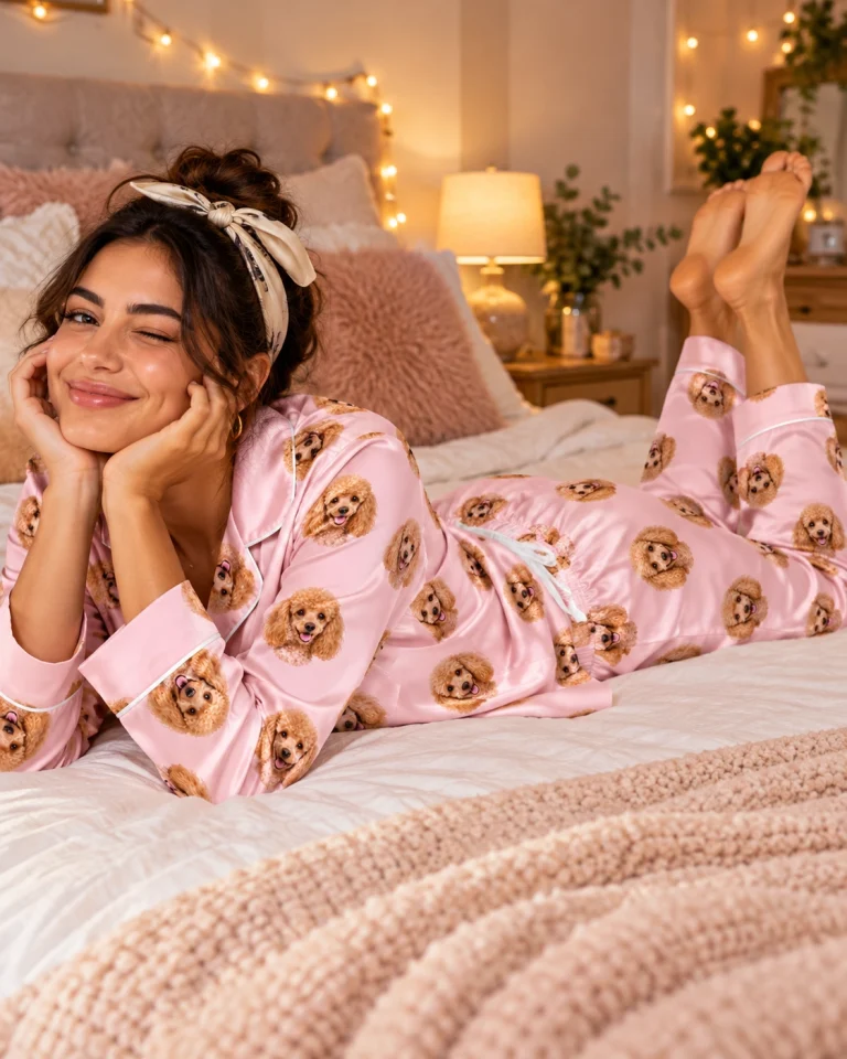 Woman sitting in womens poodle pajamas covered in apricot Poodle faces — MyDogPics