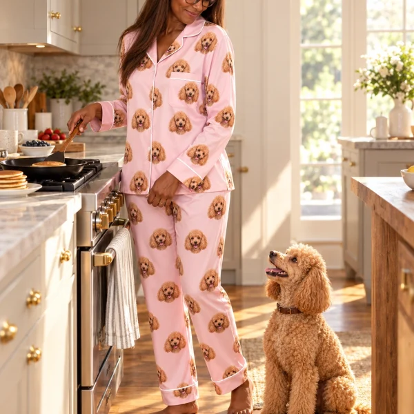 Woman in womens poodle pajamas with her Poodle — MyDogPics