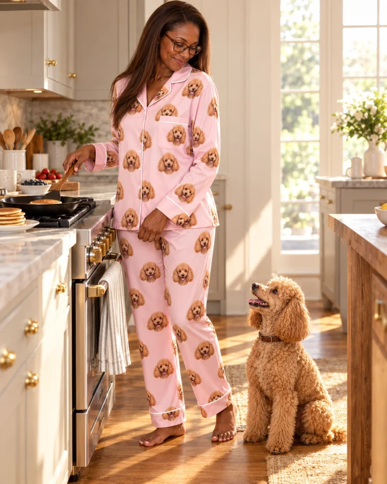 Woman in womens poodle pajamas with her Poodle — MyDogPics
