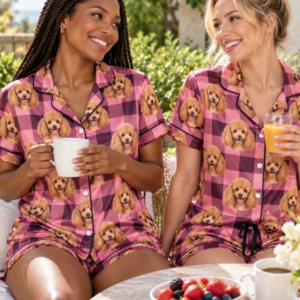 Woman and her friend in matching womens poodle short sleeve pajamas with apricot Poodle faces on pink plaid satin — MyDogPics