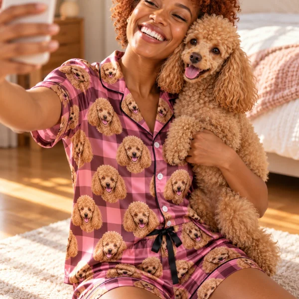 Woman in womens poodle short sleeve pajamas with her Poodle — MyDogPics