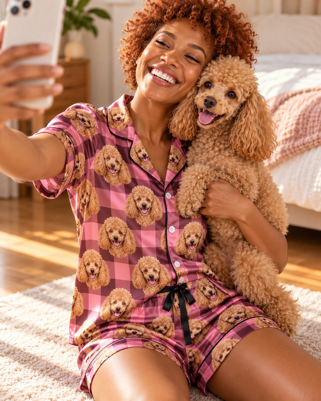 Women’s Poodle Short Sleeve Pajamas – With Dog, Pink Plaid | MyDogPics Woman in womens poodle short sleeve pajamas with her Poodle — MyDogPics