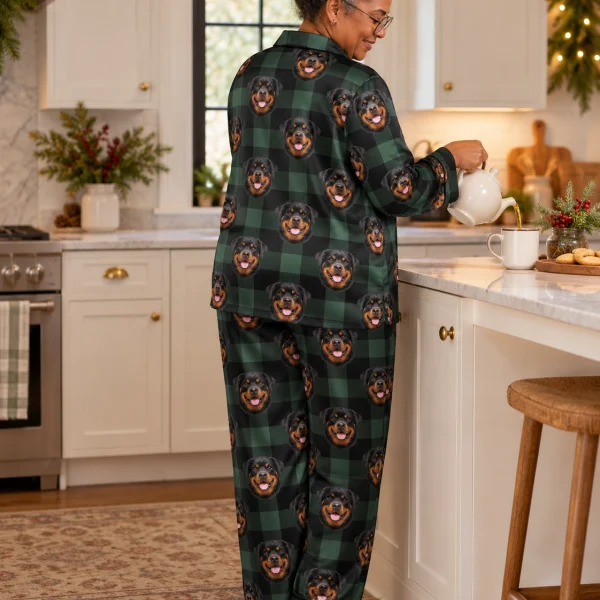 Back view of womens rottweiler Christmas pajamas: the print continues all the way round — MyDogPics