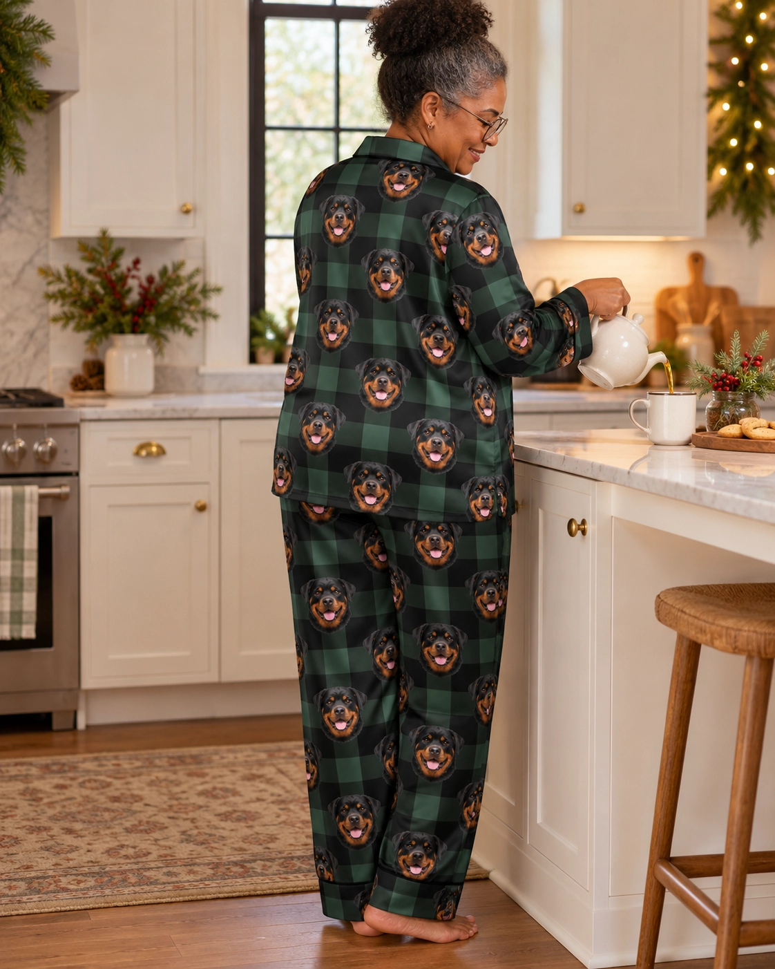 Women’s Rottweiler Christmas Pajamas – Back View, Green Plaid | MyDogPics Back view of womens rottweiler Christmas pajamas: the print continues all the way round — MyDogPics