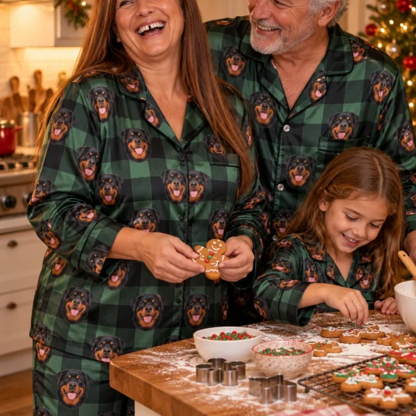 Woman and her family in matching womens rottweiler Christmas pajamas with black-and-mahogany Rottweiler faces — MyDogPics