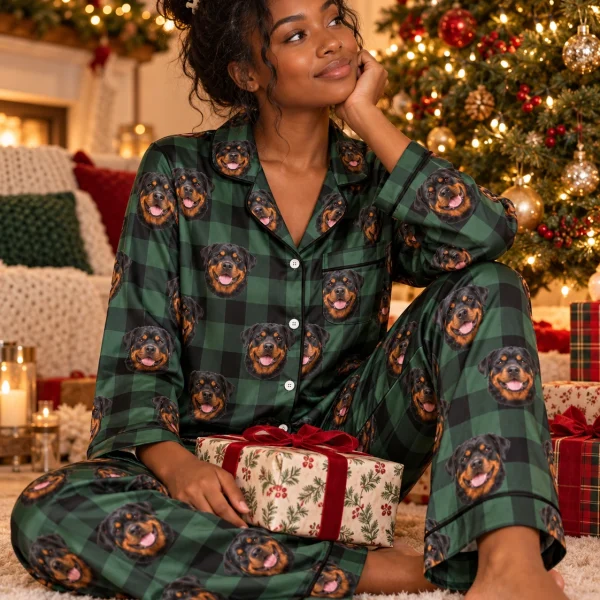 Woman sitting in womens rottweiler Christmas pajamas covered in black-and-mahogany Rottweiler faces — MyDogPics