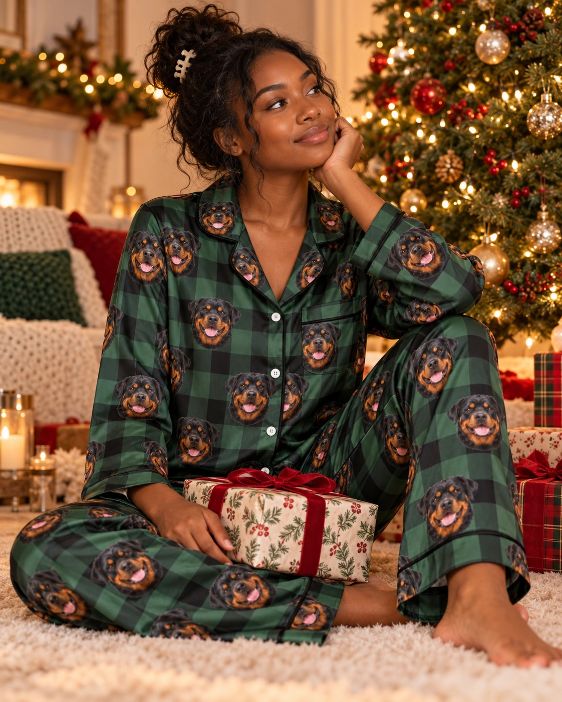 Women’s Rottweiler Christmas Pajamas – Sitting, Green Plaid | MyDogPics Woman sitting in womens rottweiler Christmas pajamas covered in black-and-mahogany Rottweiler faces — MyDogPics