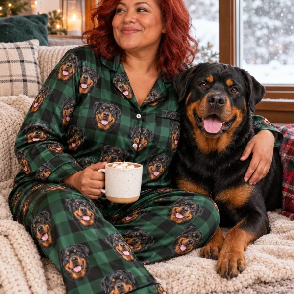 Woman in womens rottweiler Christmas pajamas with her Rottweiler — MyDogPics