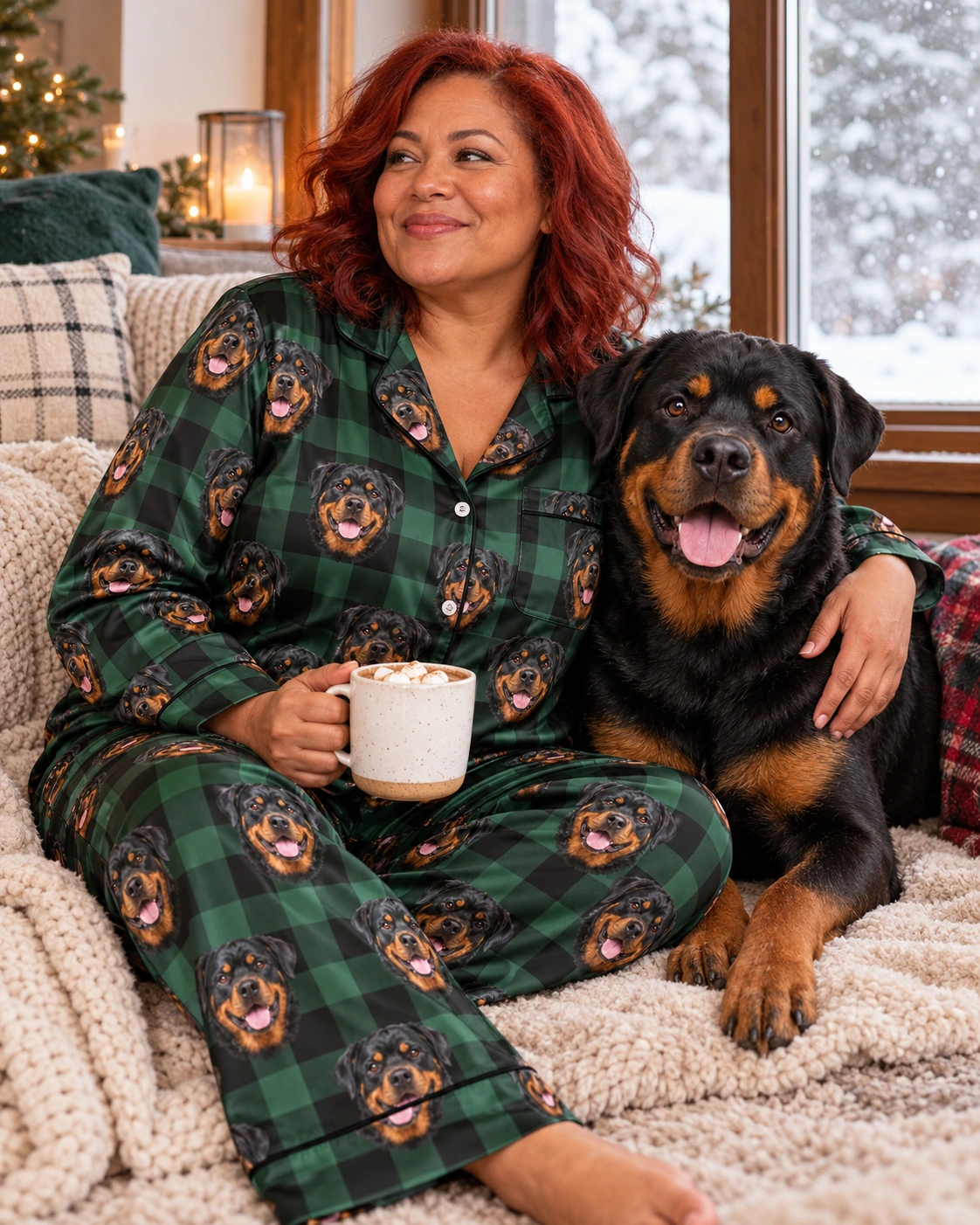 Women’s Rottweiler Christmas Pajamas – With Dog, Green Plaid | MyDogPics Woman in womens rottweiler Christmas pajamas with her Rottweiler — MyDogPics
