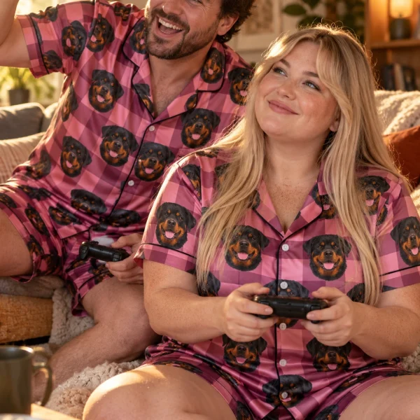 Woman and her partner in matching womens rottweiler short sleeve pajamas with black-and-mahogany Rottweiler faces — MyDogPics