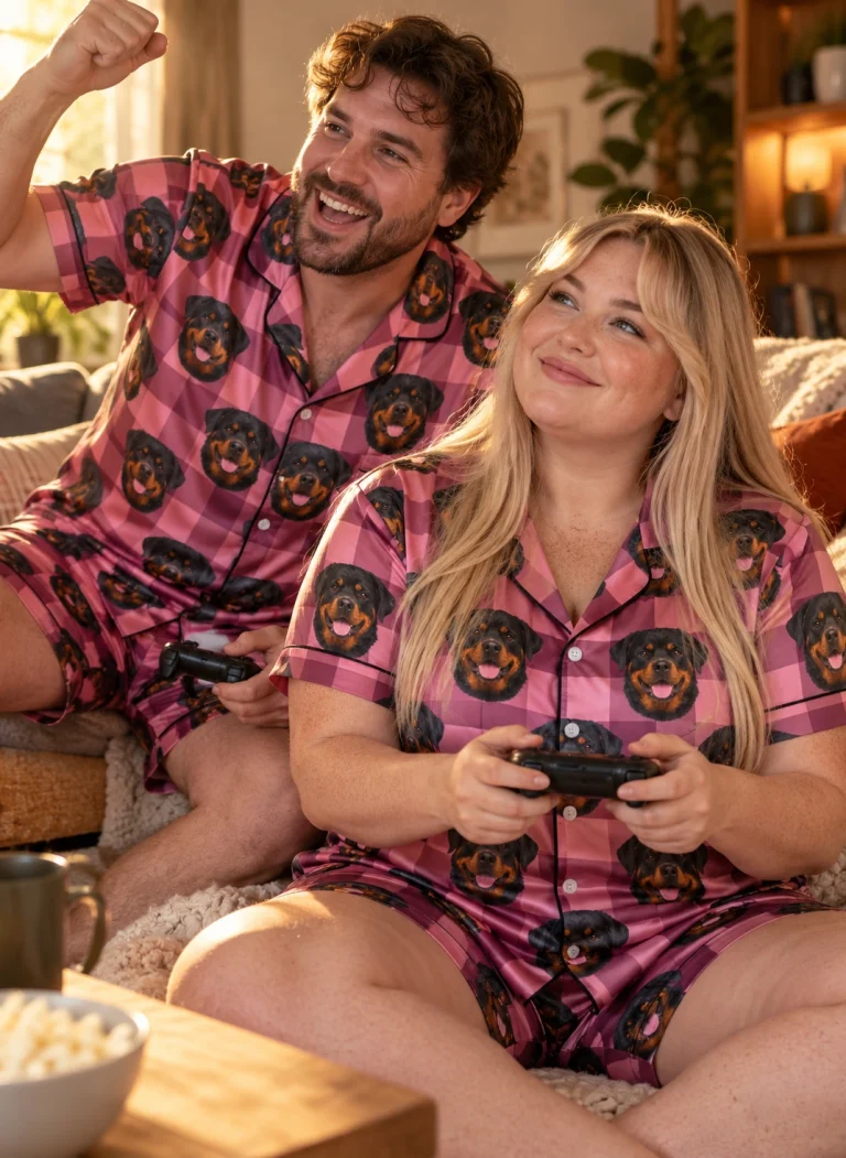 Woman and her partner in matching womens rottweiler short sleeve pajamas with black-and-mahogany Rottweiler faces — MyDogPics