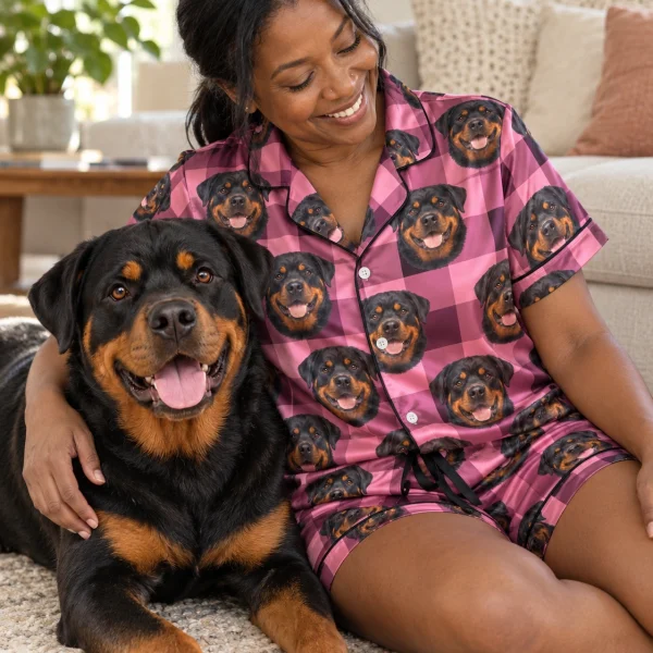 Woman in womens rottweiler short sleeve pajamas with her Rottweiler — MyDogPics