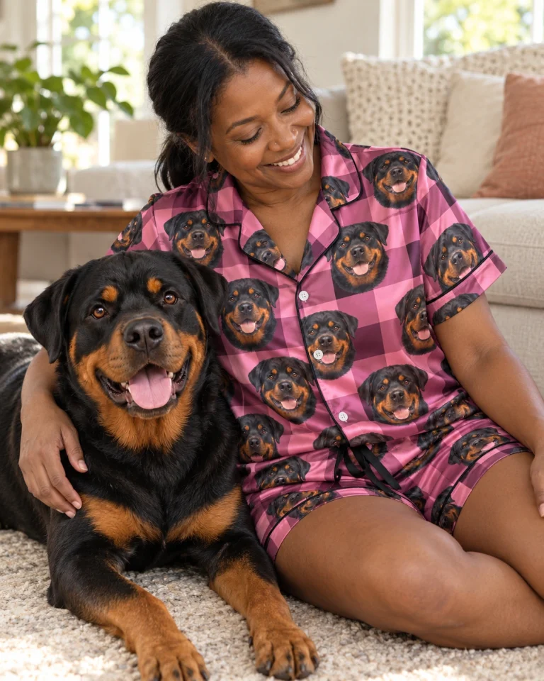 Woman in womens rottweiler short sleeve pajamas with her Rottweiler — MyDogPics