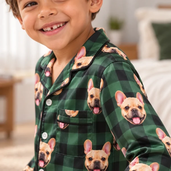 Close-up of the youth Christmas pajamas print: fawn French bulldog faces on green plaid satin — MyDogPics