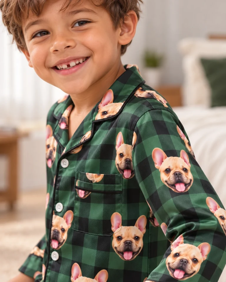 Close-up of the youth Christmas pajamas print: fawn French bulldog faces on green plaid satin — MyDogPics