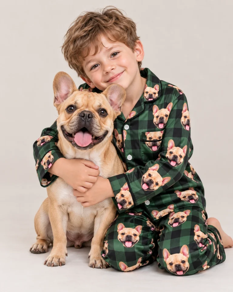 Boy in youth Christmas pajamas cuddling his French bulldog — MyDogPics