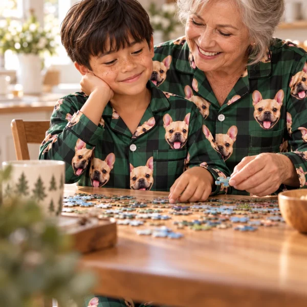 Boy and his grandma in matching youth Christmas pajamas with fawn French bulldog faces on green plaid satin — MyDogPics