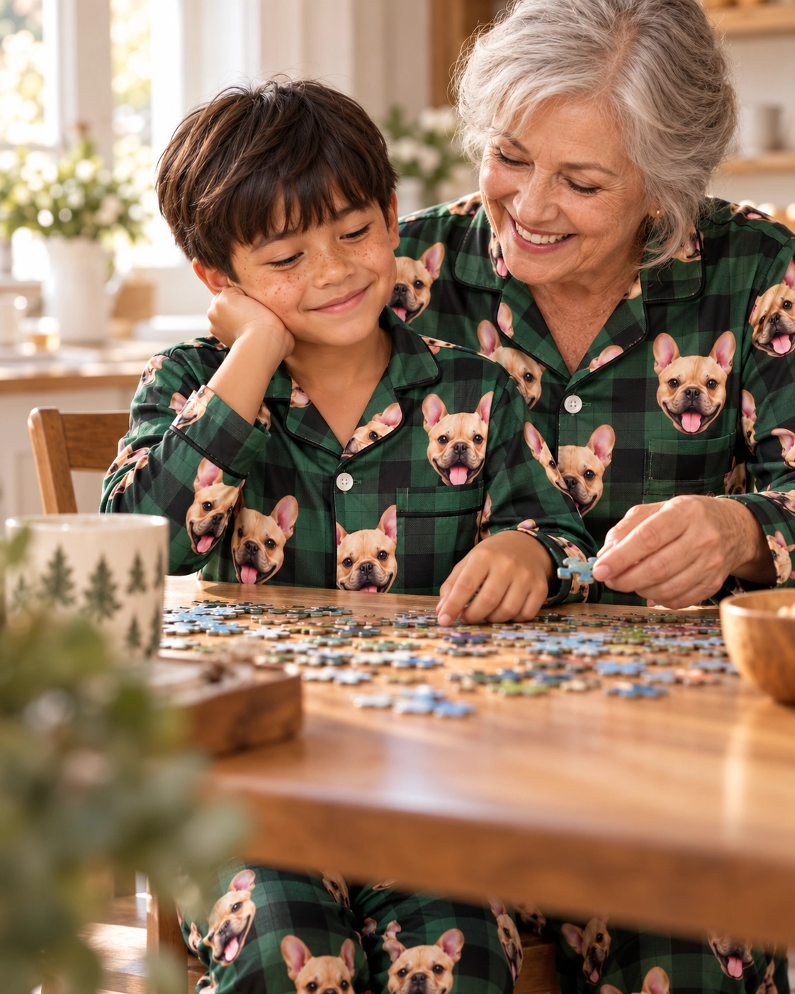 Youth Christmas Pajamas – Family, Green Plaid | MyDogPics Boy and his grandma in matching youth Christmas pajamas with fawn French bulldog faces on green plaid satin — MyDogPics