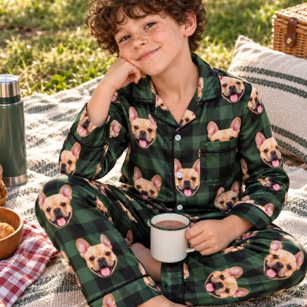 Boy sitting in youth Christmas pajamas covered in fawn French bulldog faces — MyDogPics