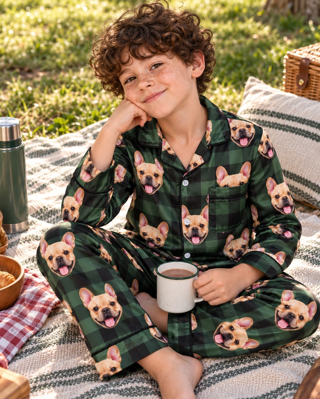 Youth Christmas Pajamas – Sitting, Green Plaid | MyDogPics Boy sitting in youth Christmas pajamas covered in fawn French bulldog faces — MyDogPics